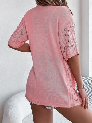 Casual Loose Pure V Neck Hollow Out Short Sleeve Regular Cardigan - Image 15