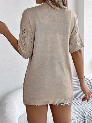 Casual Loose Pure V Neck Hollow Out Short Sleeve Regular Cardigan - Image 2
