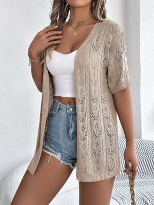 Casual Loose Pure V Neck Hollow Out Short Sleeve Regular Cardigan - Image 5