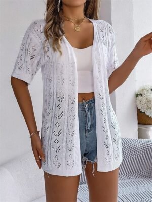 Casual Loose Pure V Neck Hollow Out Short Sleeve Regular Cardigan - Image 9
