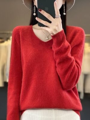 Casual Loose Pure V Neck Long Sleeve Jumper - Image 2