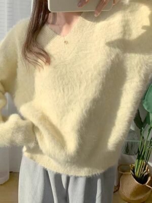 Casual Loose Pure V Neck Long Sleeve Sweater - Image 3