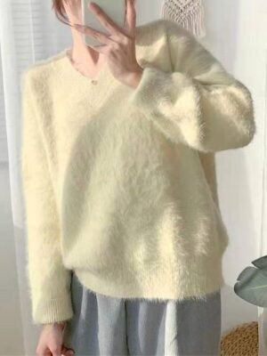 Casual Loose Pure V Neck Long Sleeve Sweater - Image 4