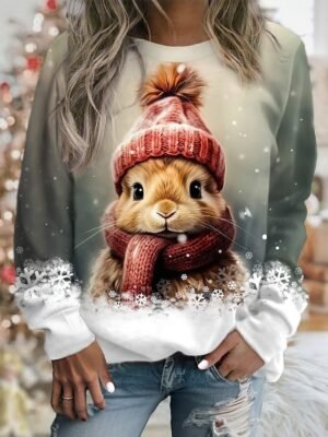 Casual Loose Rabbit Print Round Neck Long Sleeve Top - Image 2