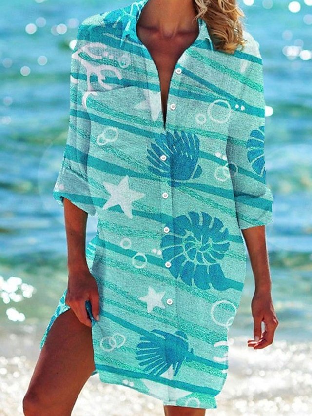 Casual Loose Rainbow Print Shirt Collar Long Sleeve Mini Shirt Dress - Image 1