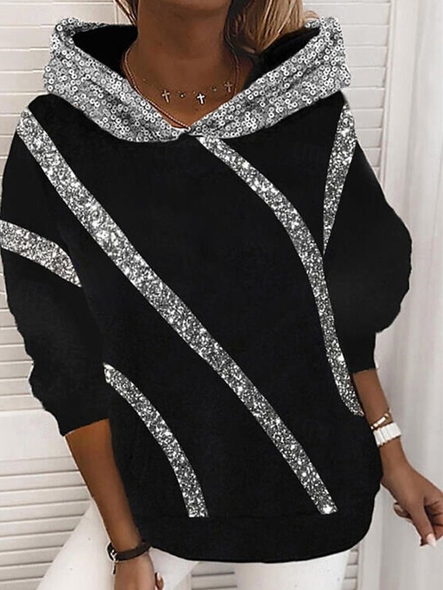 Casual Loose Sequin Patchwork Hoodie Long Sleeve Black Gray - Image 1