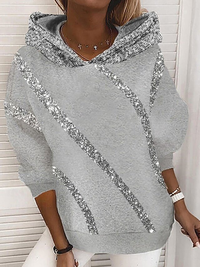 Casual Loose Sequin Patchwork Hoodie Long Sleeve Black Gray - Image 2