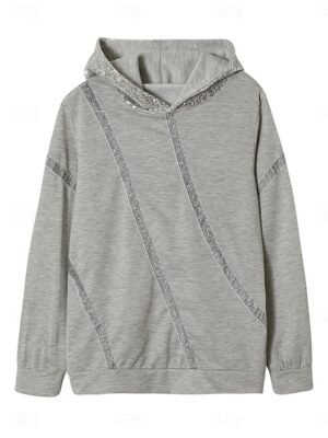 Casual Loose Sequin Patchwork Hoodie Long Sleeve Black Gray - Image 3