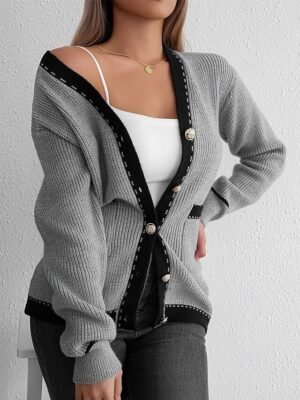 Casual Loose Solid Color Block Shirt Collar Long Sleeve Long Cardigan - Image 6