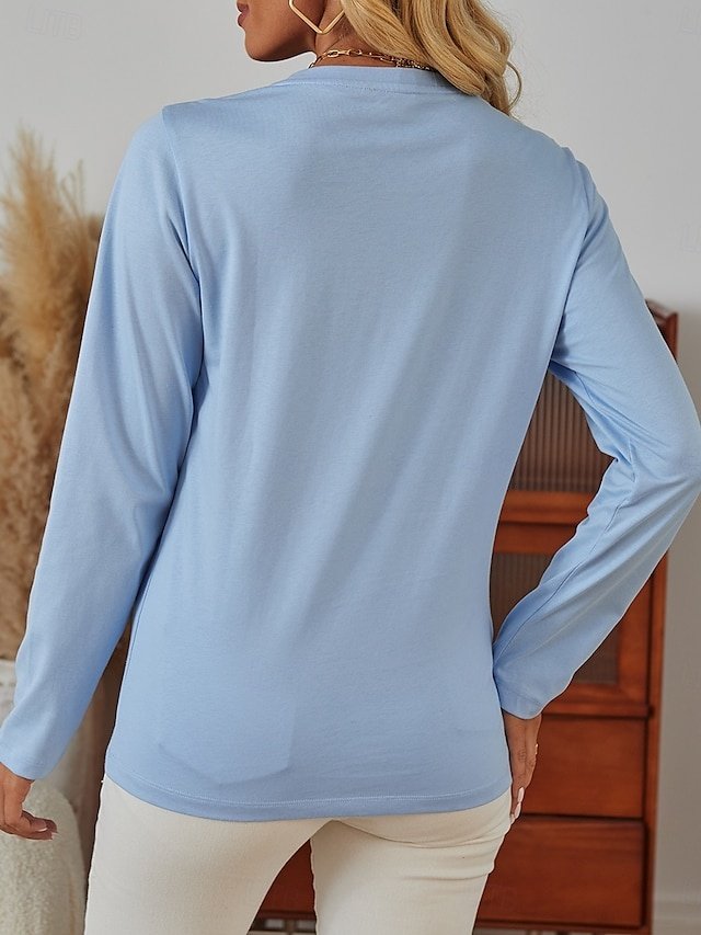 Casual Loose Solid Colour Round Neck Long Sleeve Tee - Image 2