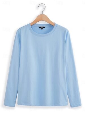Casual Loose Solid Colour Round Neck Long Sleeve Tee - Image 4