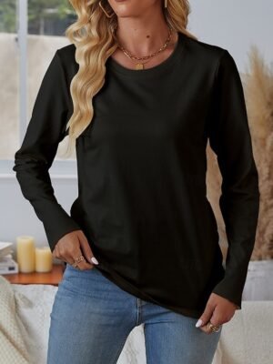 Casual Loose Solid Colour Round Neck Long Sleeve Tee - Image 7