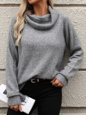 Casual Loose Solid Cowl Neck Off Shoulder Long Sleeve Knit Jumper - Image 1