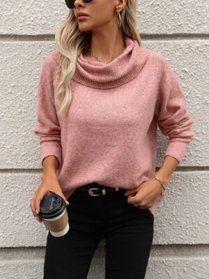 Casual Loose Solid Cowl Neck Off Shoulder Long Sleeve Knit Jumper - Image 5