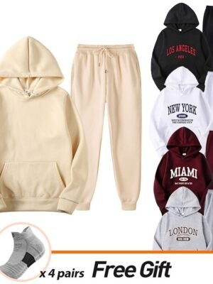 Casual Loose Solid Crew Neck Long Sleeve Velvet Tracksuit - Image 1