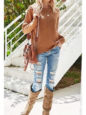Casual Loose Solid Crew Neck Long Sleeve Long Knitted Top - Image 3