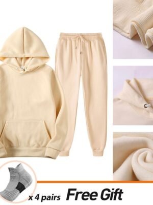 Casual Loose Solid Crew Neck Long Sleeve Velvet Tracksuit - Image 37