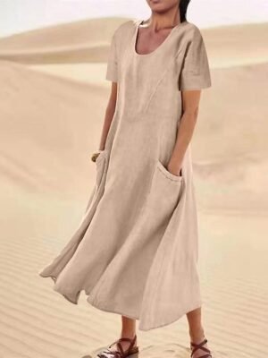 Casual Loose Solid Crew Neck Short Sleeve Maxi Dress - Image 1