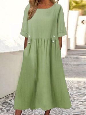 Casual Loose Solid Crew Neck Short Sleeve Midi Smock Dress - Image 1