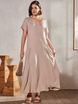 Casual Loose Solid Crew Neck Short Sleeve Maxi Dress - Image 10