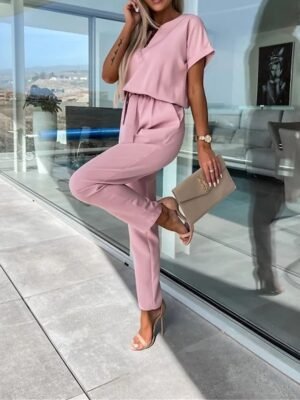 Casual Loose Solid Crew Neck Short Sleeve Jumpsuit - Image 11