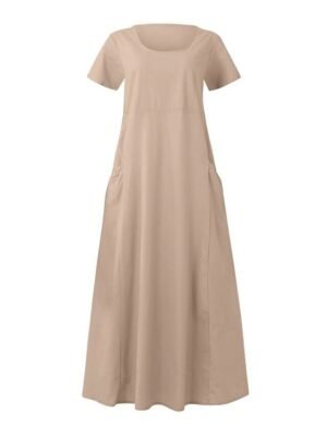 Casual Loose Solid Crew Neck Short Sleeve Maxi Dress - Image 11