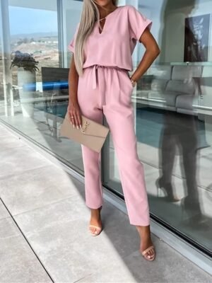 Casual Loose Solid Crew Neck Short Sleeve Jumpsuit - Image 14