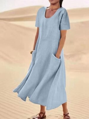 Casual Loose Solid Crew Neck Short Sleeve Maxi Dress - Image 16
