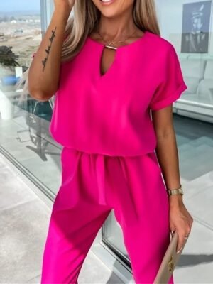 Casual Loose Solid Crew Neck Short Sleeve Jumpsuit - Image 18