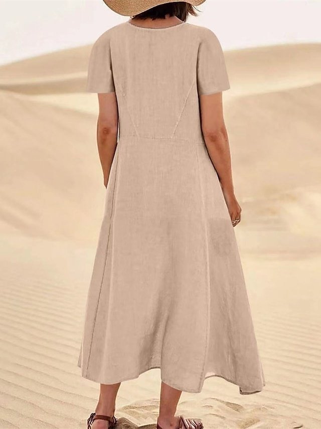 Casual Loose Solid Crew Neck Short Sleeve Maxi Dress - Image 2