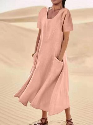 Casual Loose Solid Crew Neck Short Sleeve Maxi Dress - Image 20