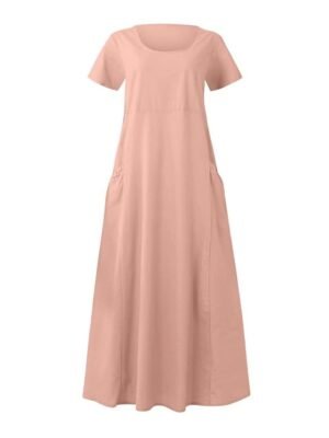 Casual Loose Solid Crew Neck Short Sleeve Maxi Dress - Image 22