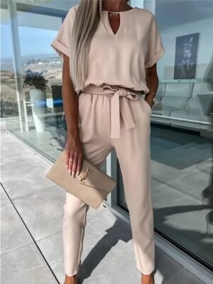 Casual Loose Solid Crew Neck Short Sleeve Jumpsuit - Image 3