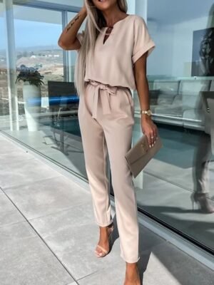 Casual Loose Solid Crew Neck Short Sleeve Jumpsuit - Image 4