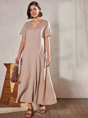 Casual Loose Solid Crew Neck Short Sleeve Maxi Dress - Image 5