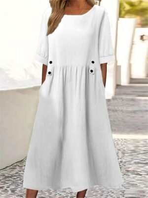 Casual Loose Solid Crew Neck Short Sleeve Midi Smock Dress - Image 6