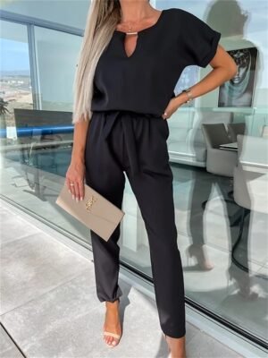 Casual Loose Solid Crew Neck Short Sleeve Jumpsuit - Image 6