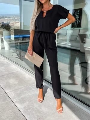 Casual Loose Solid Crew Neck Short Sleeve Jumpsuit - Image 7