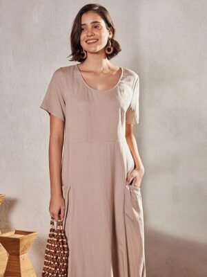 Casual Loose Solid Crew Neck Short Sleeve Maxi Dress - Image 7