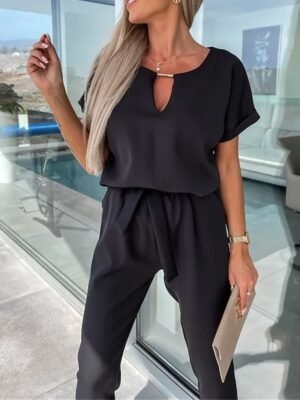 Casual Loose Solid Crew Neck Short Sleeve Jumpsuit - Image 9