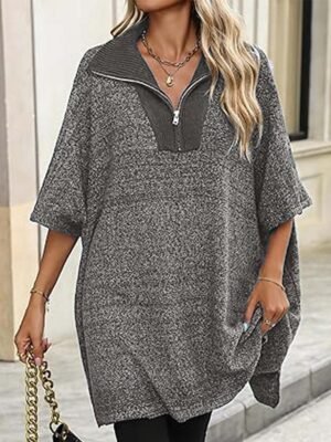 Casual Loose Solid Deep V Neck Half Sleeve Sweater - Image 1
