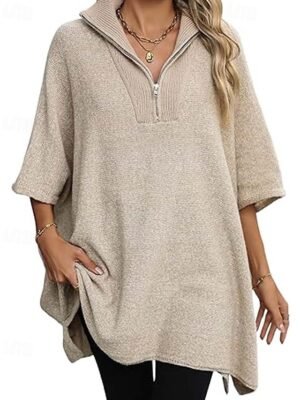 Casual Loose Solid Deep V Neck Half Sleeve Sweater - Image 5