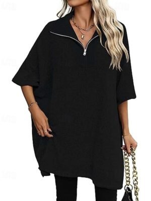 Casual Loose Solid Deep V Neck Half Sleeve Sweater - Image 8