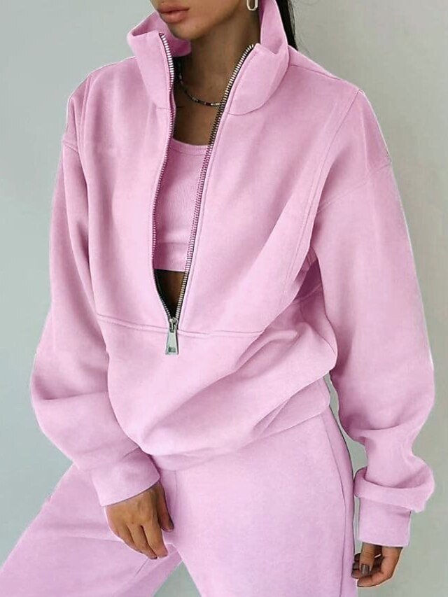 Casual Loose Solid Half Zip Long Sleeve Athleisure Tracksuit - Image 1