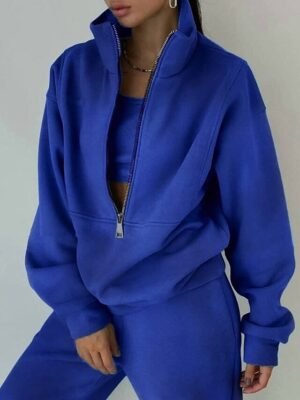 Casual Loose Solid Half Zip Long Sleeve Athleisure Tracksuit - Image 4