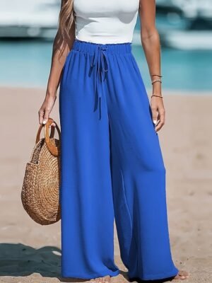 Casual Loose Solid High Rise Full Length Palazzo Trousers - Image 1