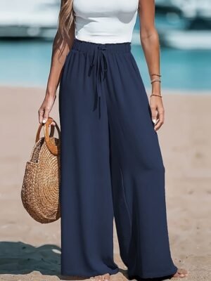Casual Loose Solid High Rise Full Length Palazzo Trousers - Image 2