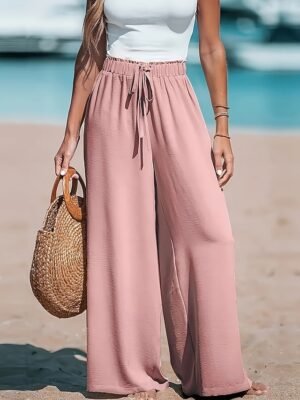 Casual Loose Solid High Rise Full Length Palazzo Trousers - Image 3