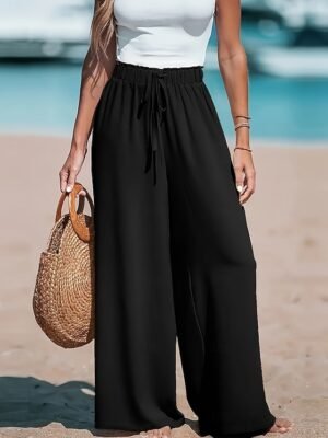 Casual Loose Solid High Rise Full Length Palazzo Trousers - Image 4