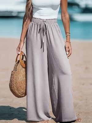 Casual Loose Solid High Rise Full Length Palazzo Trousers - Image 5